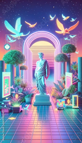 Retrofuturistic 3D trendy collection. Trendy elements in vaporwave style from 80s 90s. Old wave cyberpunk concept. Shapes design elements for disco genre, retro party. Neon glitch shapes. Nostalgia