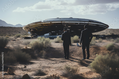 Government Conspiracy. Men in Black Investigating a UFO Crash Site photo