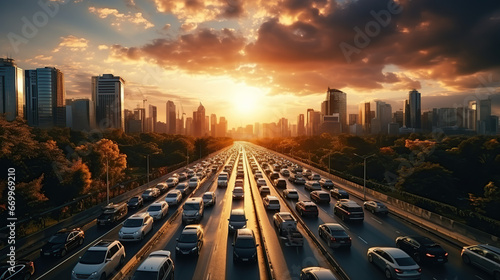Cars on the highway in a traffic jam