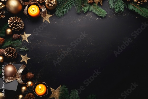 a luxury christmas border with christmas brance, gifts, pine tree leaf, little lamps decoration, dark premium metal background for flat lay, generative ai