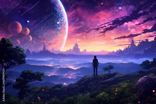 Anime Lofi Dreamscape: Silhouetted Man at Sunrise Over a Futuristic Jungle with Planets and Spaceships in a Fantasy World of Lofi Colors and Anime Style  © AbstractHeisenberg