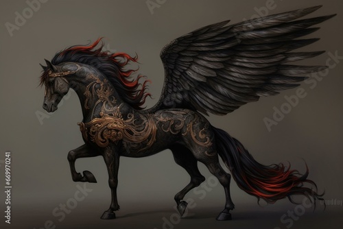 profile view of a dark-colored winged horse. Generative AI