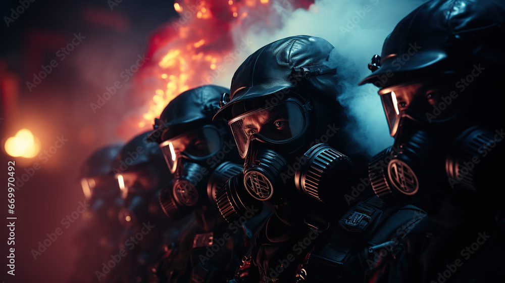 Riot police signal to be ready. The concept of government power Special operations police are operating Smoke on a dark background with lights Siren flashing blue red Riot police signal to be ready. The concept of government power Special operations police are operating Smoke on a dark background with lights Siren flashing blue red