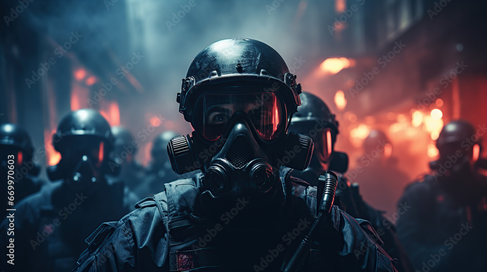 Riot police signal to be ready. The concept of government power Special operations police are operating Smoke on a dark background with lights Siren flashing blue red Riot police signal to be ready. The concept of government power Special operations police are operating Smoke on a dark background with lights Siren flashing blue red