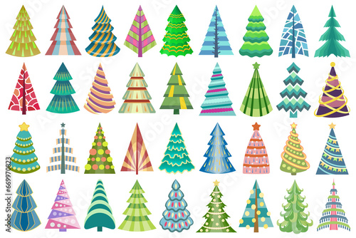 Abstract stylized decorative Christmas tree set. Colorful, decorated firs for New Year event. Vector, artistic geometric Christmas tree designs.