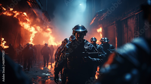 Riot police signal to be ready. The concept of government power Special operations police are operating Smoke on a dark background with lights Siren flashing blue red © Morng