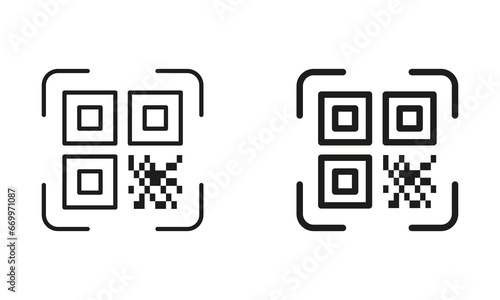 QR Code Scanner Line and Silhouette Black Icon Set. Scan Qrcode Pictogram. Technology Application for Identification Product Symbol Collection. Instruction to Get Info. Isolated Vector Illustration