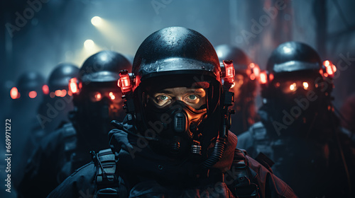 Riot police signal to be ready. The concept of government power Special operations police are operating Smoke on a dark background with lights Siren flashing blue red