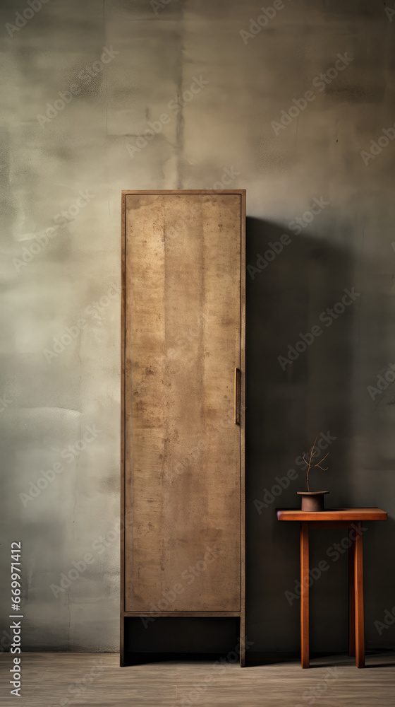 Tall Wooden Cabinet against Rough Concrete Wall Tall Wooden Cabinet against Rough Concrete Wall