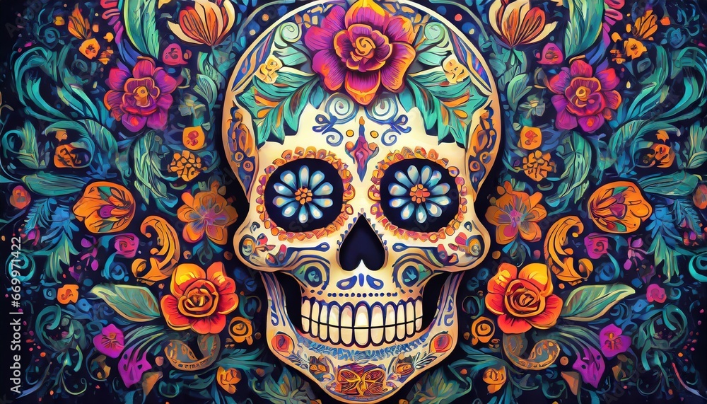 Muertos-inspired sugar skull illustration adorned with elaborate floral designs