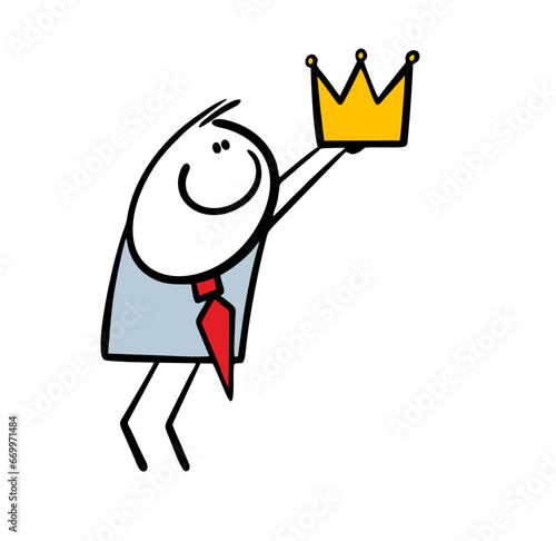 Subordinate in business suit flatters his boss, appoints him king and hands him golden crown. Vector illustration of satisfied businessman at work. Cartoon character isolated on white background.