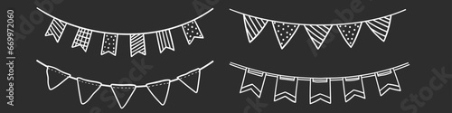 Set of Doodle flags for decoration. Garland black lines sketch. hand drawn vector illustration. Drawing doodles. holiday oatmeal