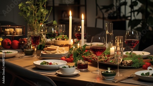 Near up shot of christmas merry table with no individuals. Eating table with plates, wine glasses and candles