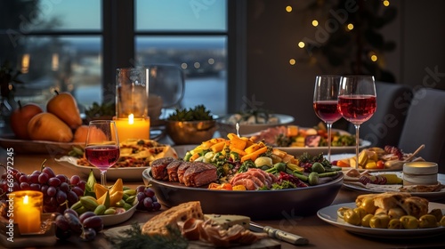 Near up shot of christmas merry table with no individuals. Eating table with plates, wine glasses and candles