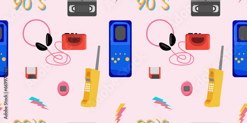 Seamless 80's 90's pattern with vintage items. hipster and colorful style. Vector illustration