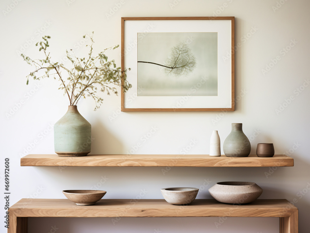 Hickory Wood Floating Shelf with Canvas Frames and Green Vase Hickory Wood Floating Shelf with Canvas Frames and Green Vase