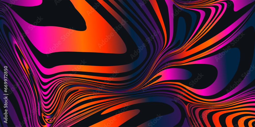 Pattern Psychedelic Bright in Orange, Pink Colors. Background Hypnotic Gradient Swirling Lines for Advertising, Web, Social Media, Poster, Banner, Cover. Modern Summer Vector Backdrop. - obrazy, fototapety, plakaty 