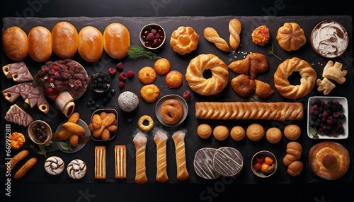 bread. Various baked delicacies on a dark table with blank copy area. buns and bread rolls on black background .Different bakery products on black background. Generative Ai