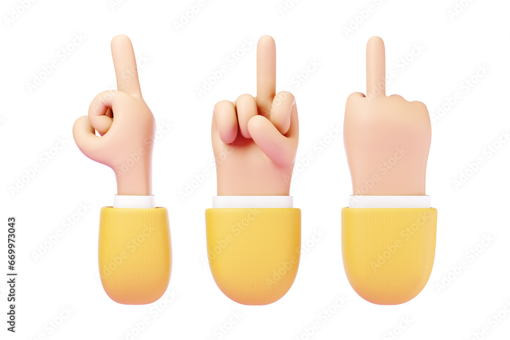 Cartoon human hand showing middle finger gesture, isolated on white background. Concept symbol, icon. Copy space, 3D illustration, 3D render. - obrazy, fototapety, plakaty 