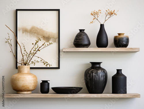 Stained Wood Floating Shelf with Black and Gold Frames