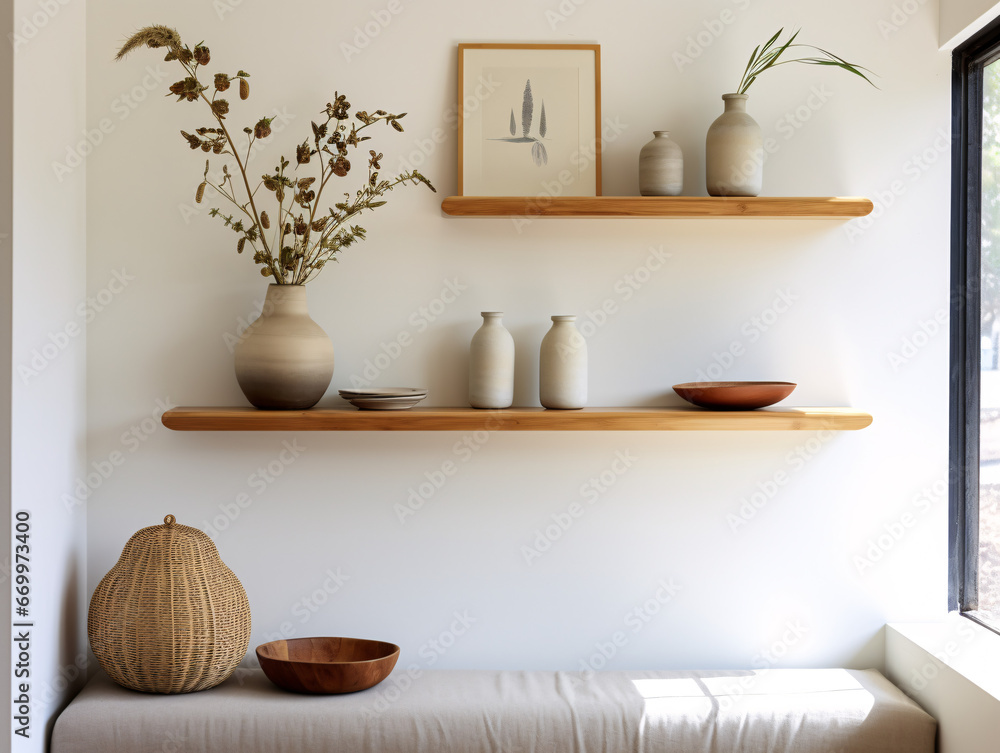 Bamboo Floating Shelf with Frames and Brass Vase Bamboo Floating Shelf with Frames and Brass Vase