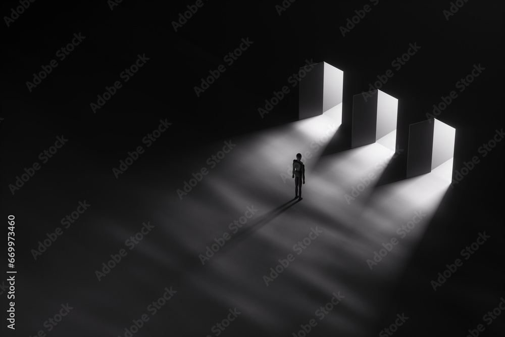 Concept choice, difficult decision, 1 of 3, way out, problem solving. The puppet stands in front of three open doors against a dark background. Copy space, 3D illustration, 3D render. - obrazy, fototapety, plakaty 