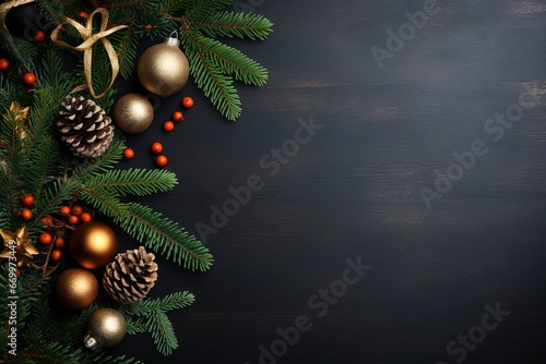a luxury christmas border with christmas brance, gifts, pine tree leaf, little lamps decoration, dark premium metal background for flat lay, generative ai