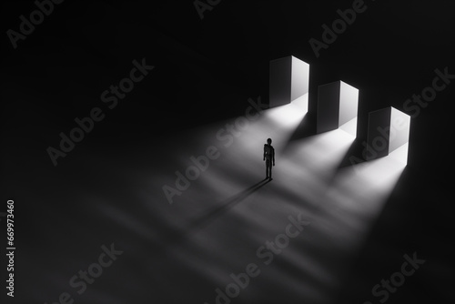 Concept choice, difficult decision, 1 of 3, way out, problem solving. The puppet stands in front of three open doors against a dark background. Copy space, 3D illustration, 3D render.