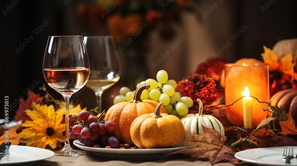 Thanksgiving table setting with harvest time enrichments, pumpkins, glasses and plates. Occasions, catering and neighborliness concept