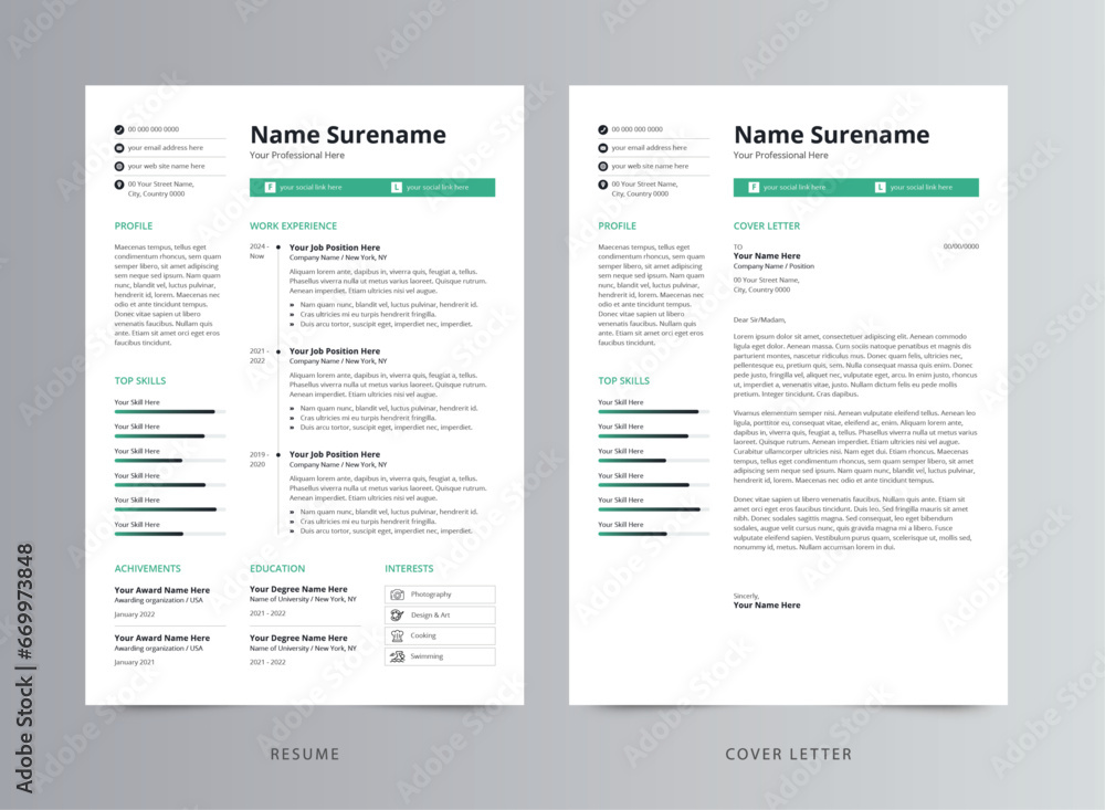 Modern Professional Resume or CV and Cover Letter Template