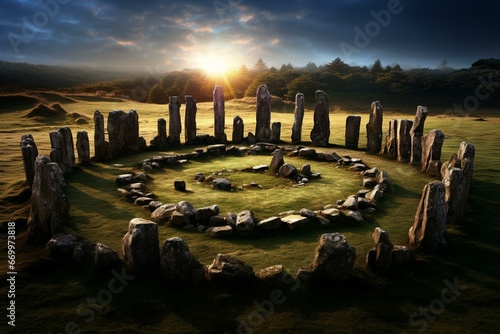 Mystical radiating stone circle of the ancient Wiccan practitioners. Generative AI