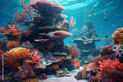 Vibrant underwater scene with a diverse coral reef  beautifully rendered in 3D. Generative AI