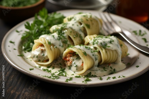 Delicious stuffed pasta with cheese and parsley sauce. Generative AI