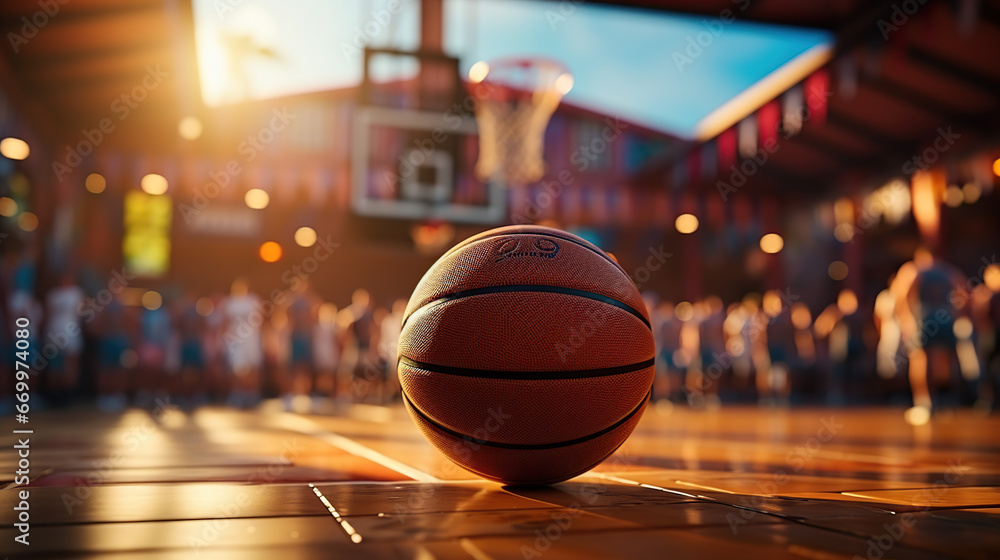Basketball on the hoop and stadium lights on the roof Basketball on the hoop and stadium lights on the roof