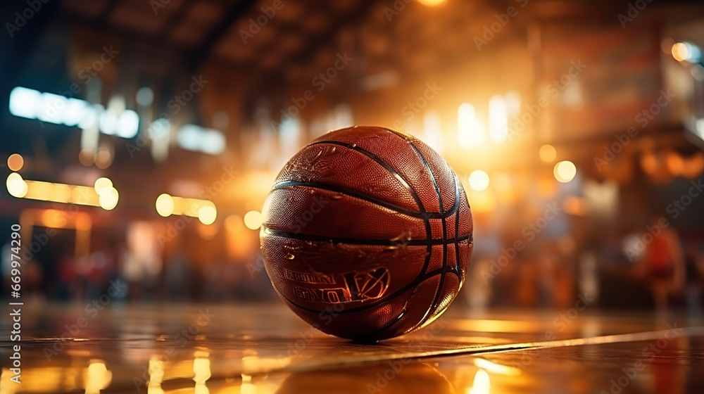 Basketball on the hoop and stadium lights on the roof Basketball on the hoop and stadium lights on the roof