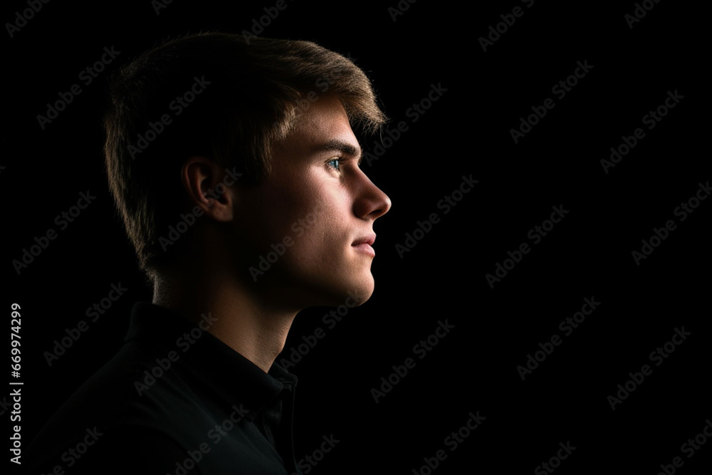 Low Key portrait of a young man against a black background, Dark relaxed profile shot with black copy spac