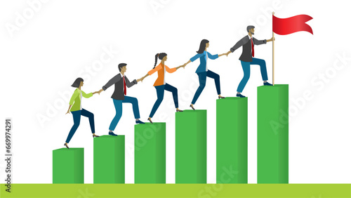 Teamwork, businesspeople climbing together against the goals, helping each other and holding hands in the stairs. Isolated. Vector illustration.