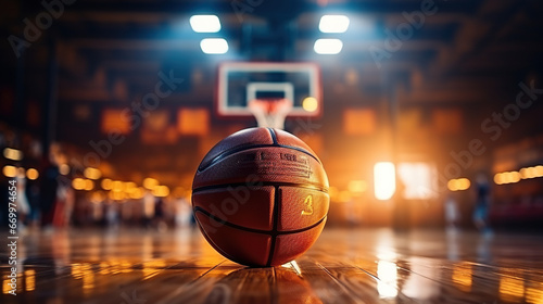 Basketball on the hoop and stadium lights on the roof