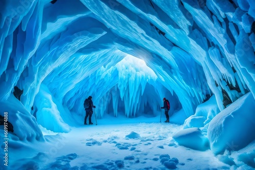 Explore the inside of an ice cave, focusing on the translucent blue light filtering through the frozen walls in a glacier landscape