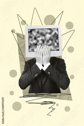 Obraz na plátne Vertical collage of elegant black white effect person pc display instead head is