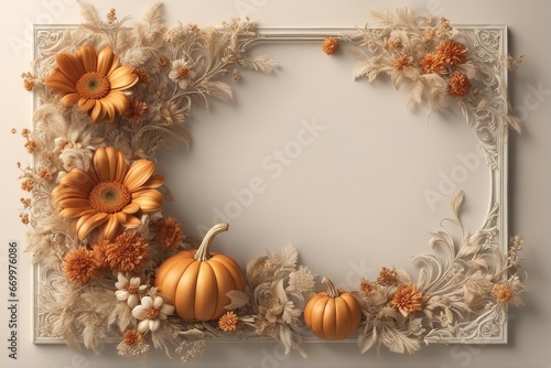 Festive autumn decor Frame from pumpkins  flowers and fall leaves. Concept of Thanksgiving day or Halloween Design. Wedding or Flowers Frame Background.