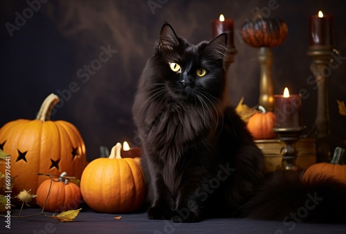 halloween black cat sitting in front of pumpkins and decorations with light shining on him, attention to fur and feathers texture, cute and colorful, tabletop photography, large canvas sizes, light