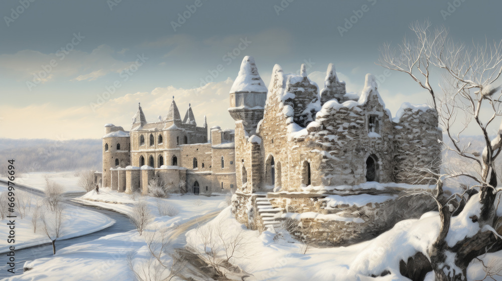 Fototapeta premium An old castle covered in snow