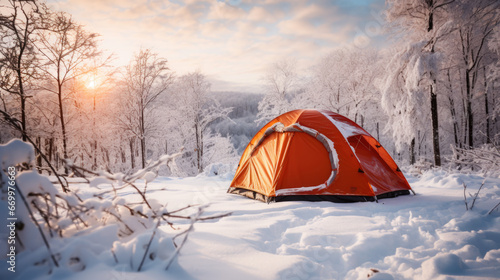 An orange tent in a cropped forest in winter