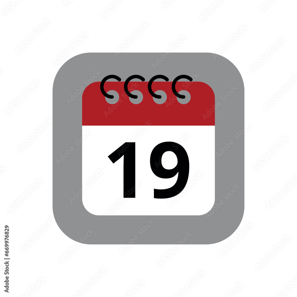 Red calendar flat icon isolated on gray background. Calendar with a specific day marked, vector illustration of appointment schedule marking day 19. Red calendar flat icon isolated on gray background. Calendar with a specific day marked, vector illustration of appointment schedule marking day 19.
