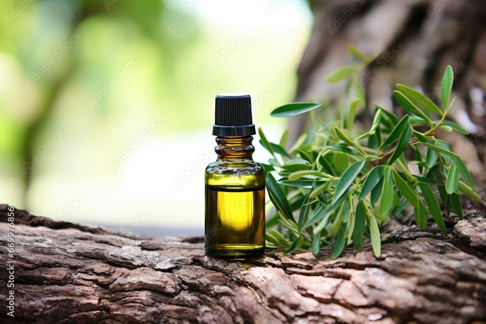 glass bottle of tea tree oil, near an actual tree glass bottle of tea tree oil, near an actual tree