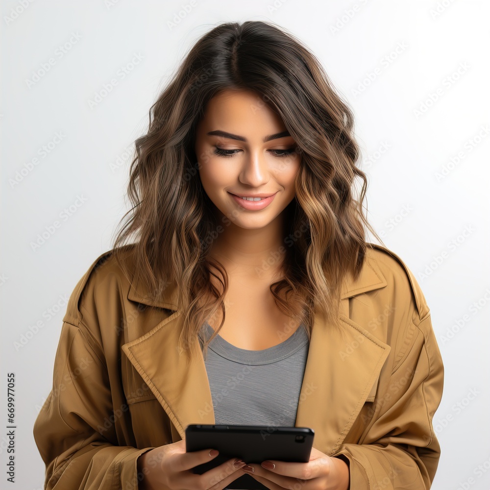 Fototapeta premium A woman uses a tablet and the Internet to chat online in a social network.