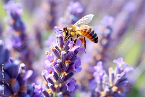 a detailed macro shot of a worker bee on lavender