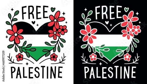 Free Palestine Palestinian flag heart and flowers drawing. Illustration to support Palestine. Vector for t-shirt, prints and social media post. Love and freedom concept stop the war.