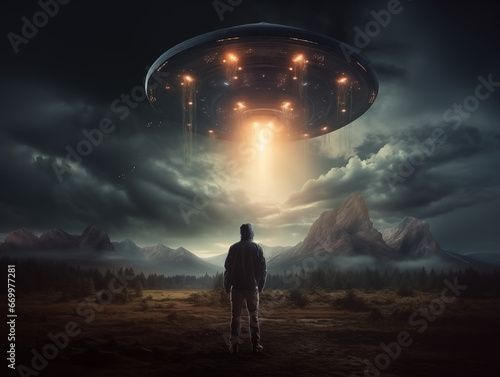 Man Watches as a UFO or UAP descends from the night sky yet he does not know if they are friend or foe © Rajko